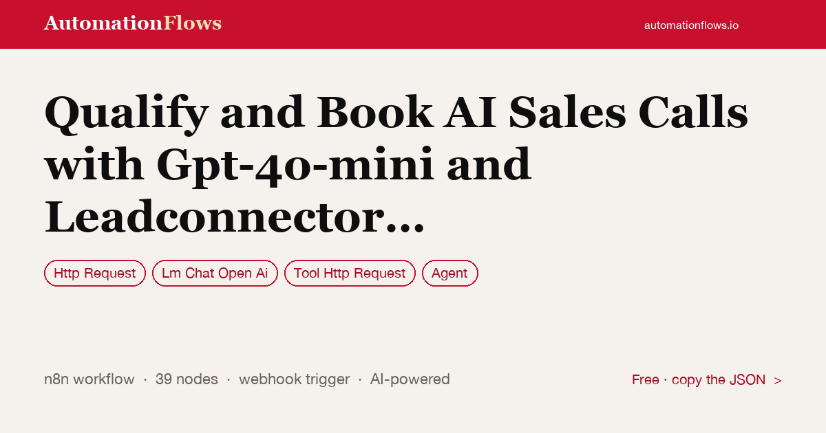 Qualify and Book AI Sales Calls with Gpt-4o-mini and Leadconnector CRM — n8n workflow card showing HTTP Request, OpenAI Chat, Tool Http Request integration