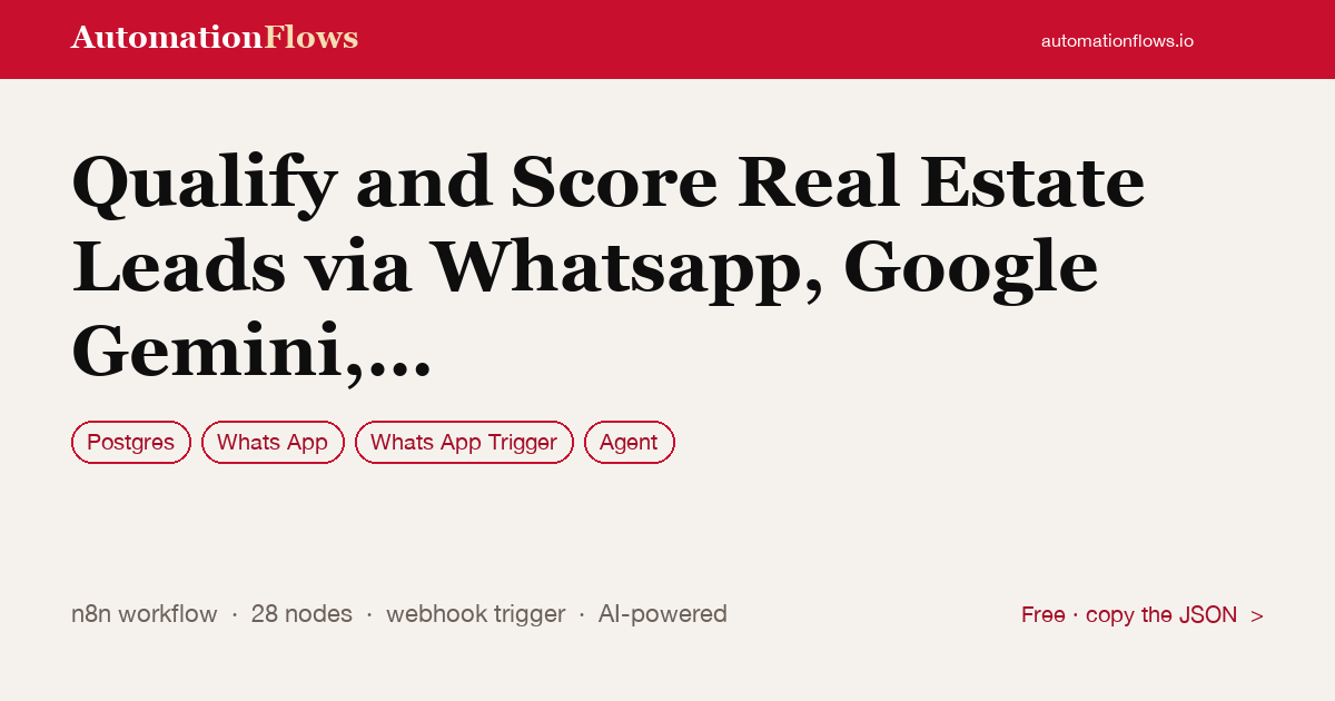 Qualify and Score Real Estate Leads via Whatsapp, Google Gemini, and Postgresql — n8n workflow card showing Postgres, WhatsApp, WhatsApp Trigger integration
