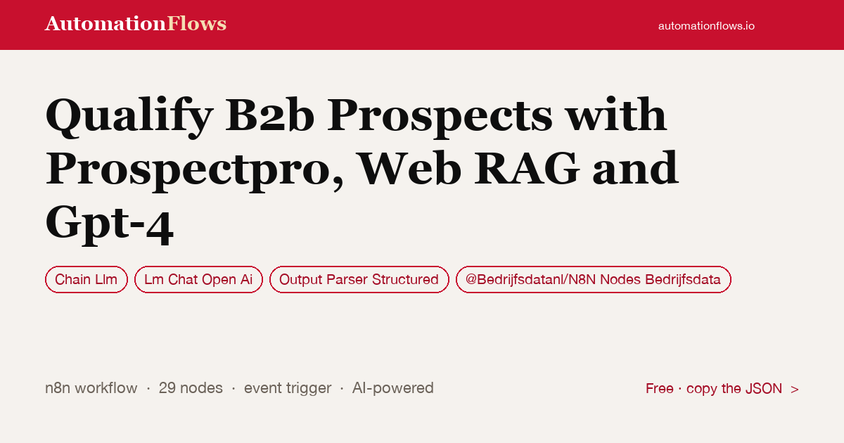 Qualify B2b Prospects with Prospectpro, Web RAG and Gpt-4 — n8n workflow card showing Chain Llm, OpenAI Chat, Output Parser Structured integration