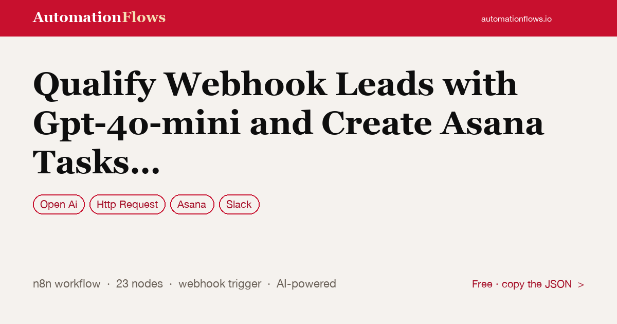 Qualify Webhook Leads with Gpt-4o-mini and Create Asana Tasks Automatically — n8n workflow card showing OpenAI, HTTP Request, Asana integration
