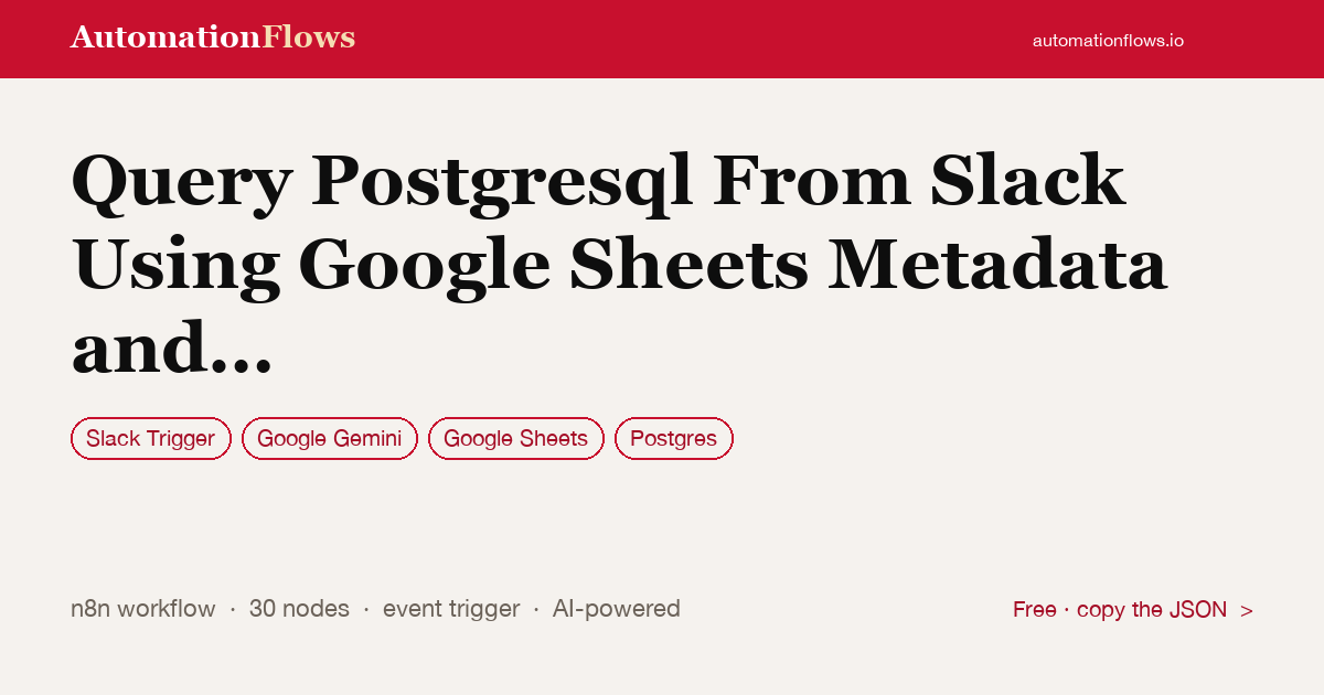 Query Postgresql From Slack Using Google Sheets Metadata and Gemini — n8n workflow card showing Slack Trigger, Google Gemini, Google Sheets integration