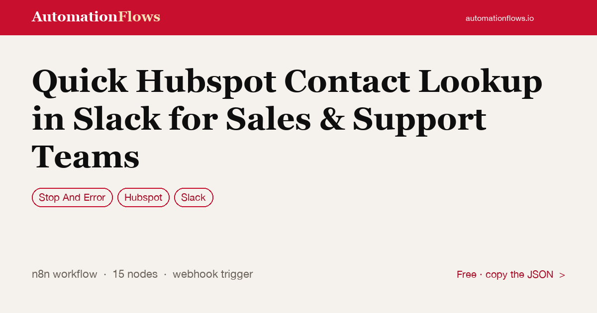 Quick Hubspot Contact Lookup in Slack for Sales & Support Teams — n8n workflow card showing Stop And Error, HubSpot, Slack integration