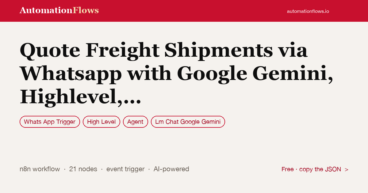 Quote Freight Shipments via Whatsapp with Google Gemini, Highlevel, and Warp — n8n workflow card showing WhatsApp Trigger, High Level, Agent integration