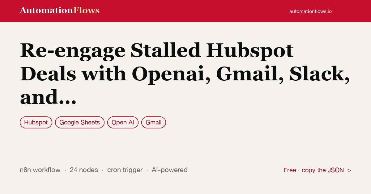 Re-engage Stalled Hubspot Deals with Openai, Gmail, Slack, and Google Sheets — n8n workflow card showing HubSpot, Google Sheets, OpenAI integration