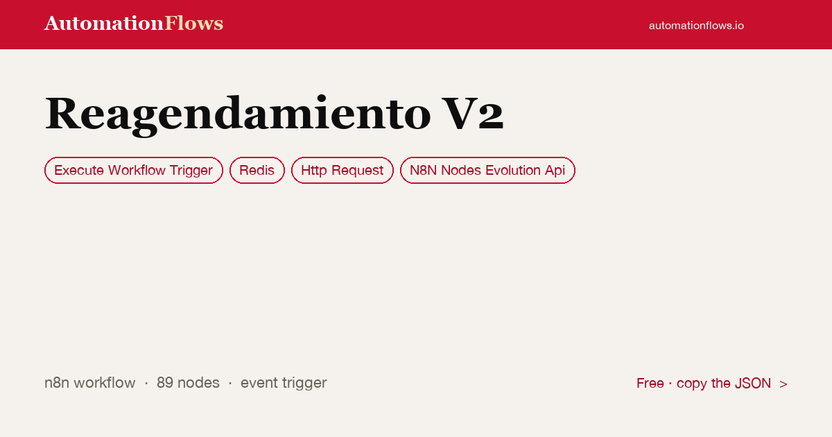 Reagendamiento V2 — n8n workflow card showing Execute Workflow Trigger, Redis, HTTP Request integration
