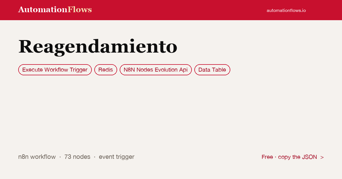 Reagendamiento — n8n workflow card showing Execute Workflow Trigger, Redis, N8N Nodes Evolution Api integration