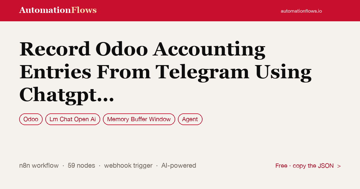 Odoo Accounting Entries From Telegram With AI — n8n workflow card showing Odoo, OpenAI Chat, Memory Buffer Window integration