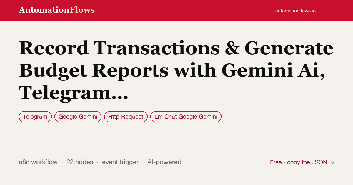Record Transactions & Generate Budget Reports with Gemini Ai, Telegram &… — n8n workflow card showing Telegram, Google Gemini, HTTP Request integration