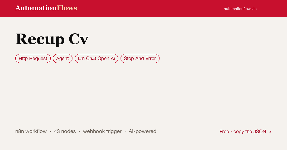 Recup Cv — n8n workflow card showing HTTP Request, Agent, OpenAI Chat integration
