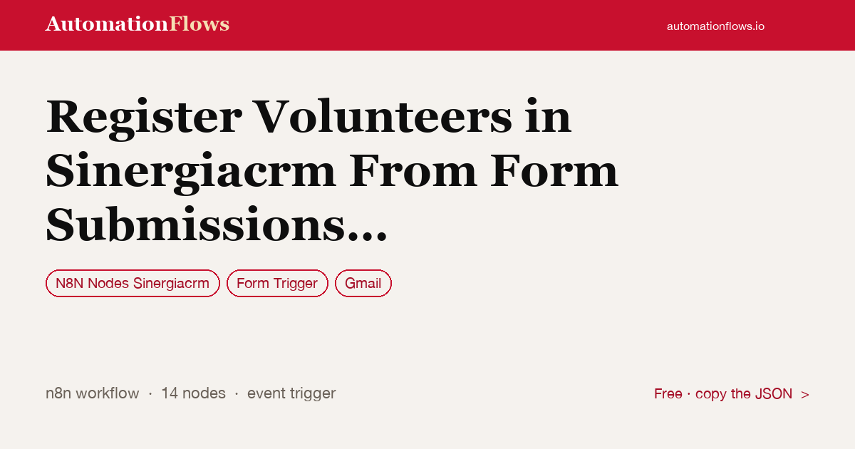 Register Volunteers in Sinergiacrm From Form Submissions and Notify Your Team — n8n workflow card showing N8N Nodes Sinergiacrm, Form Trigger, Gmail integration