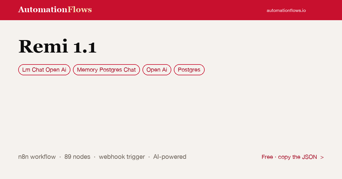 Remi 1.1 — n8n workflow card showing OpenAI Chat, Memory Postgres Chat, OpenAI integration