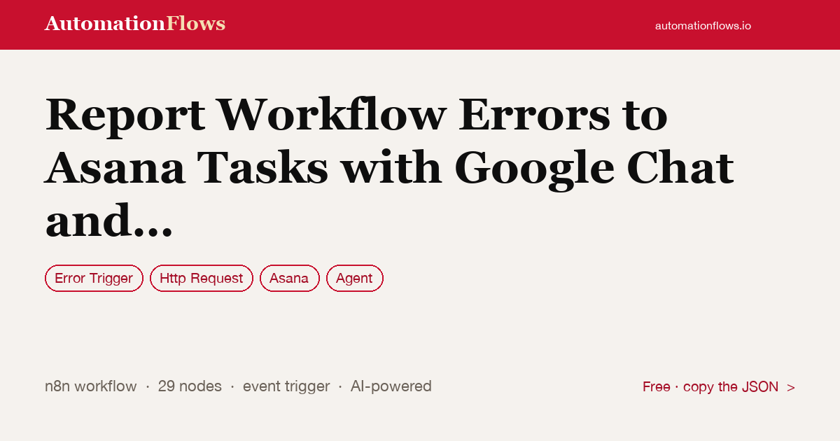 Report Workflow Errors to Asana Tasks with Google Chat and Grok 4.5 Analysis — n8n workflow card showing Error Trigger, HTTP Request, Asana integration