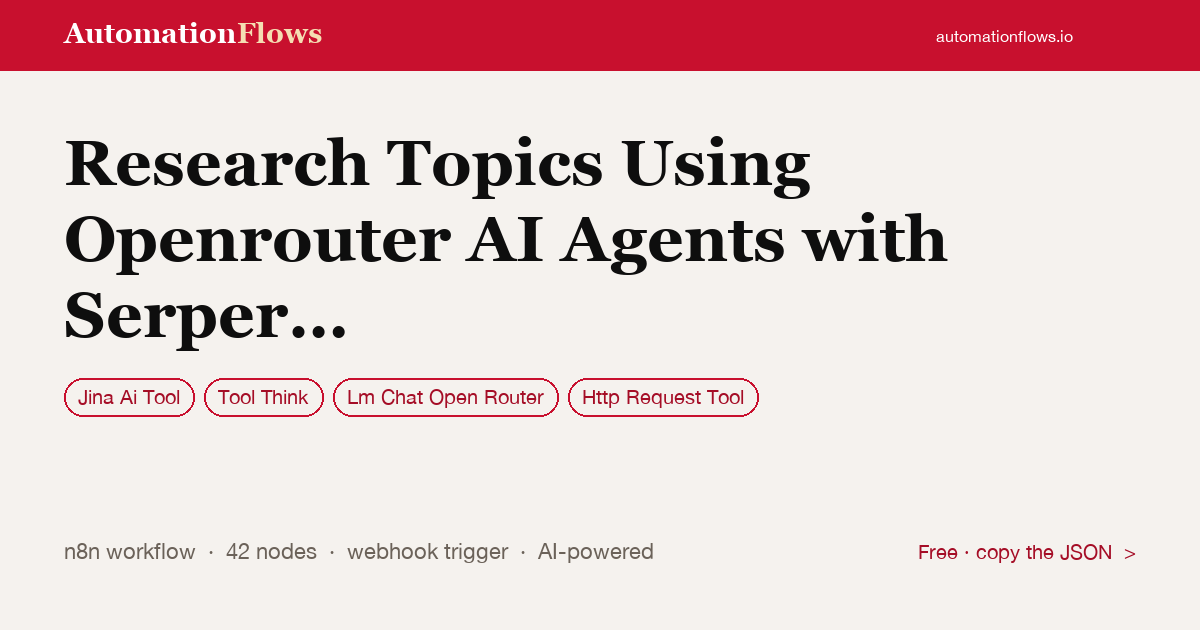 Research Topics Using Openrouter AI Agents with Serper Search and Jina AI… — n8n workflow card showing Jina Ai Tool, Tool Think, OpenRouter Chat integration