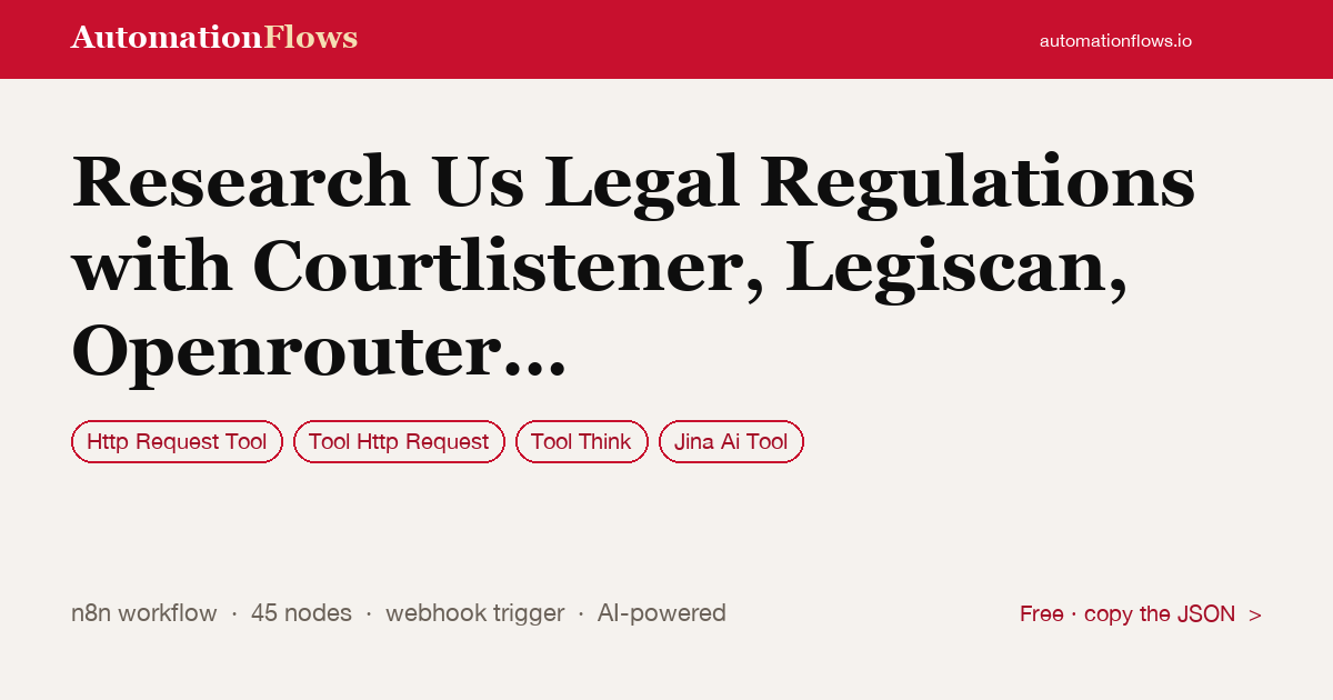 Research Us Legal Regulations with Courtlistener, Legiscan, Openrouter and… — n8n workflow card showing HTTP Request Tool, Tool Http Request, Tool Think integration