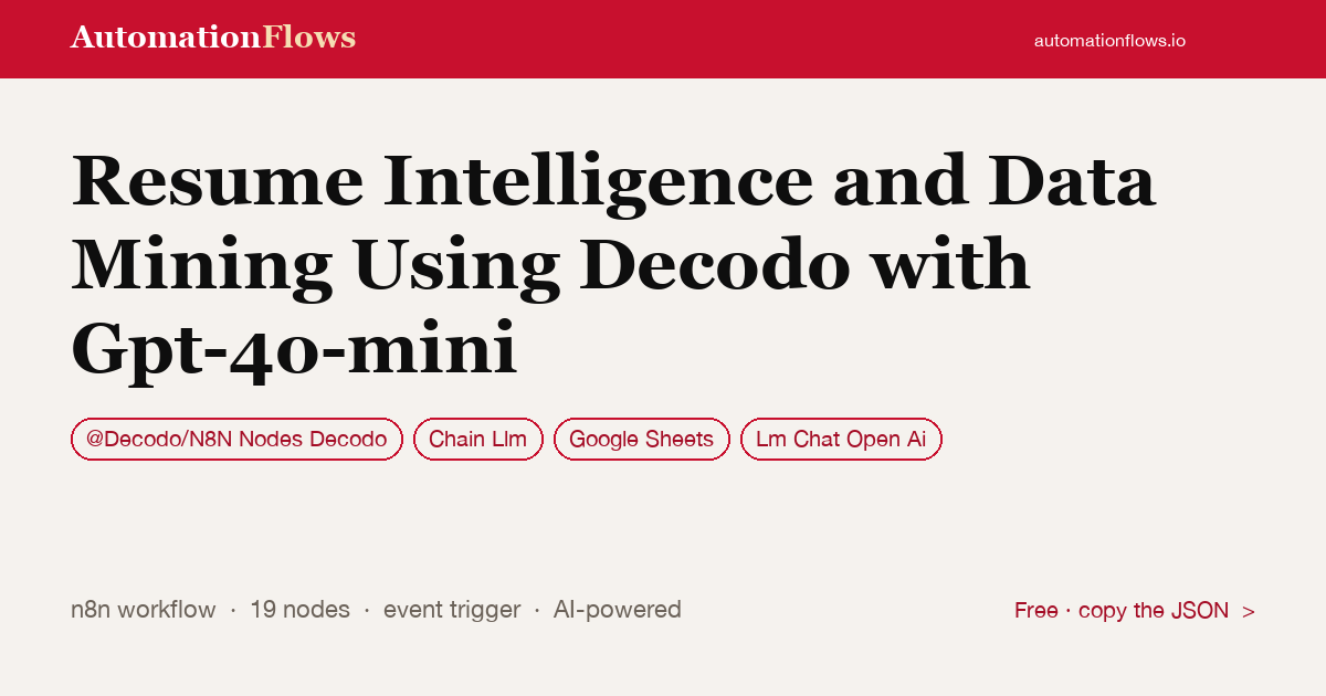 Resume Intelligence and Data Mining Using Decodo with Gpt-4o-mini — n8n workflow card showing @Decodo/N8N Nodes Decodo, Chain Llm, Google Sheets integration