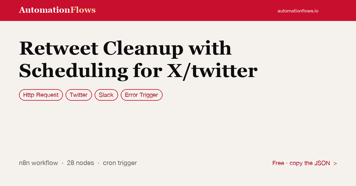 Retweet Cleanup with Scheduling for X/twitter — n8n workflow card showing HTTP Request, Twitter, Slack integration