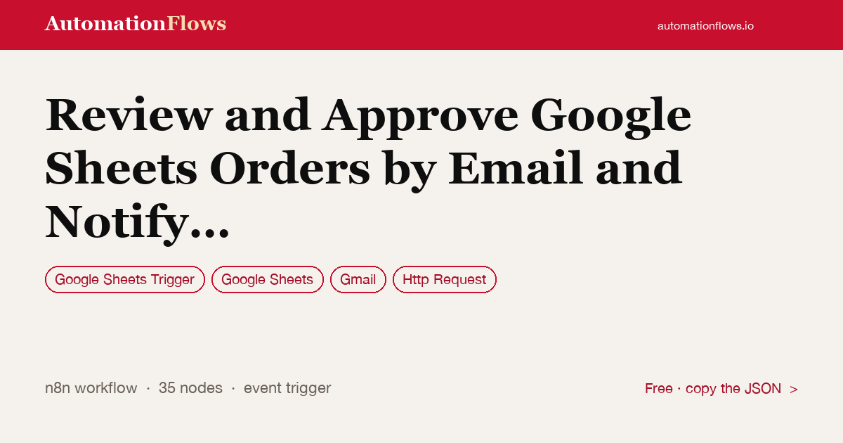 Review and Approve Google Sheets Orders by Email and Notify via Line — n8n workflow card showing Google Sheets Trigger, Google Sheets, Gmail integration