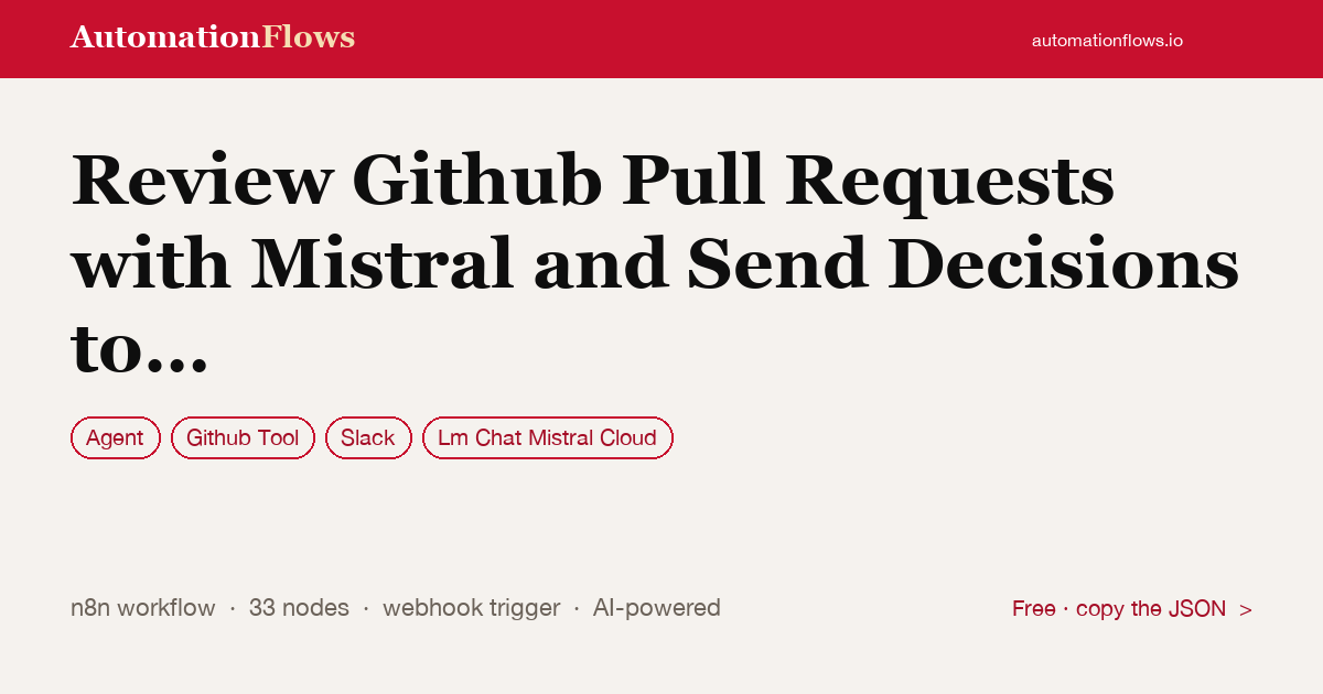 Review Github Pull Requests with Mistral and Send Decisions to Slack — n8n workflow card showing Agent, Github Tool, Slack integration