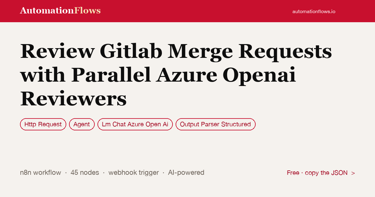 Review Gitlab Merge Requests with Parallel Azure Openai Reviewers — n8n workflow card showing HTTP Request, Agent, Lm Chat Azure Open Ai integration