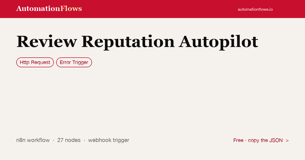 Review Reputation Autopilot — n8n workflow card showing HTTP Request, Error Trigger integration