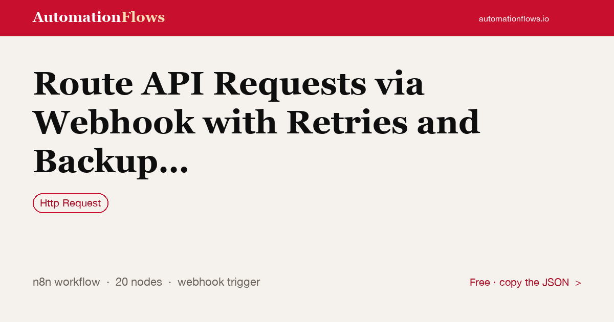 Route API Requests via Webhook with Retries and Backup Endpoints — n8n workflow card showing HTTP Request integration
