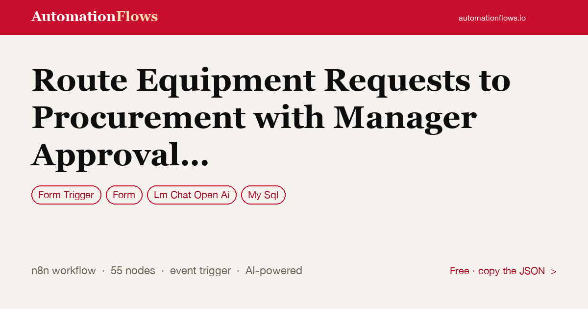 Route Equipment Requests to Procurement with Manager Approval via Gmail — n8n workflow card showing Form Trigger, Form, OpenAI Chat integration