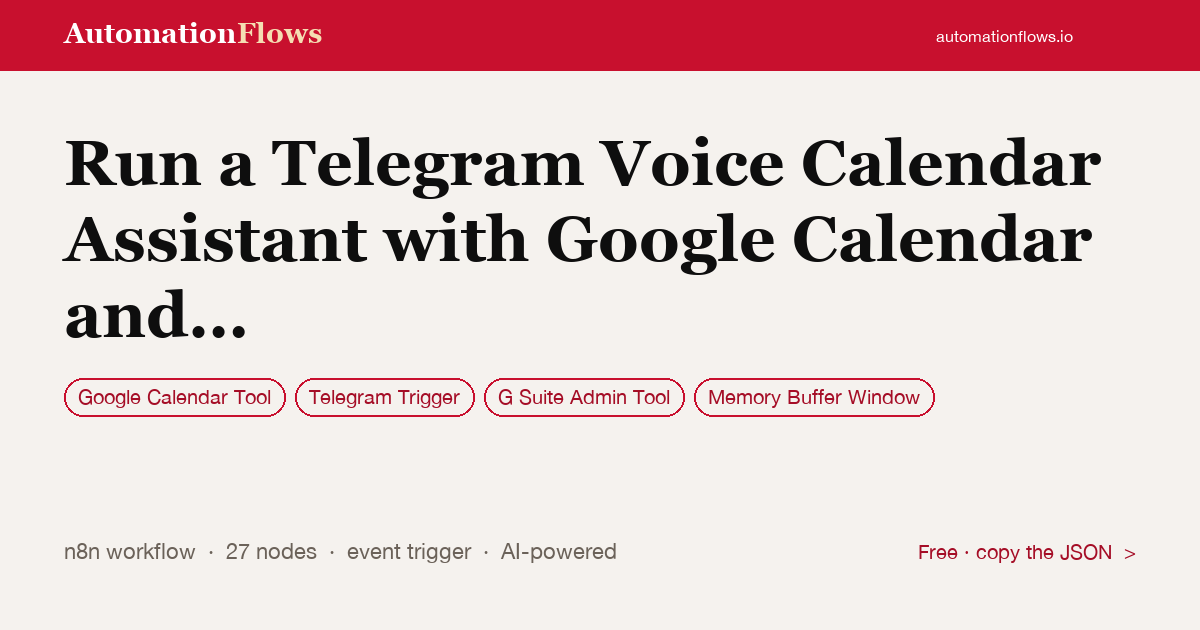 Run a Telegram Voice Calendar Assistant with Google Calendar and Gmail — n8n workflow card showing Google Calendar Tool, Telegram Trigger, G Suite Admin Tool integration