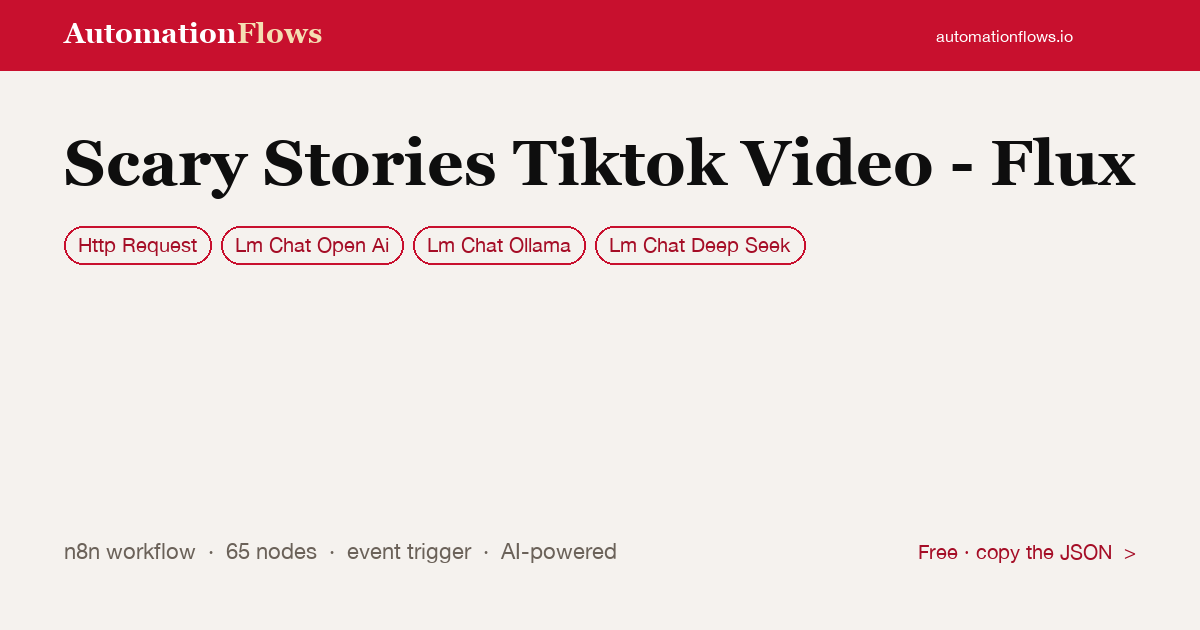 Scary Stories Tiktok Video - Flux — n8n workflow card showing HTTP Request, OpenAI Chat, Ollama Chat integration