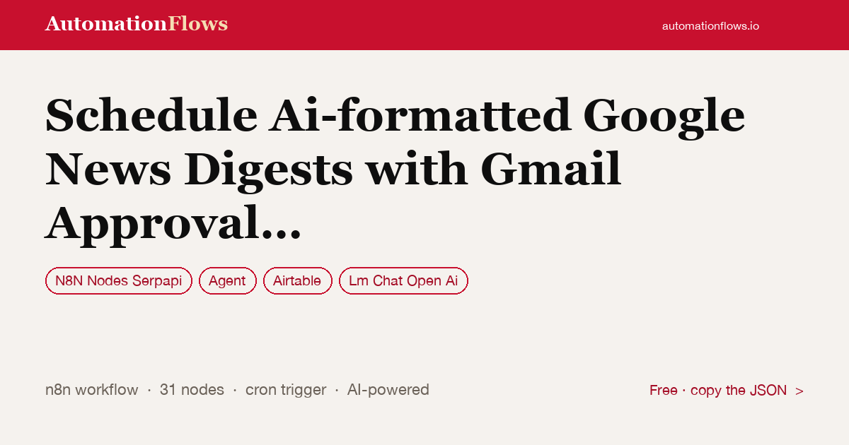Schedule Ai-formatted Google News Digests with Gmail Approval Workflow — n8n workflow card showing N8N Nodes Serpapi, Agent, Airtable integration