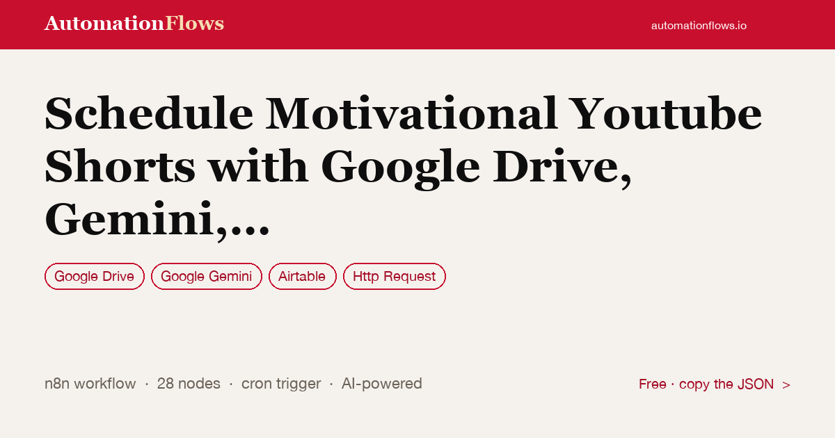 Schedule Motivational Youtube Shorts with Google Drive, Gemini, Airtable and… — n8n workflow card showing Google Drive, Google Gemini, Airtable integration