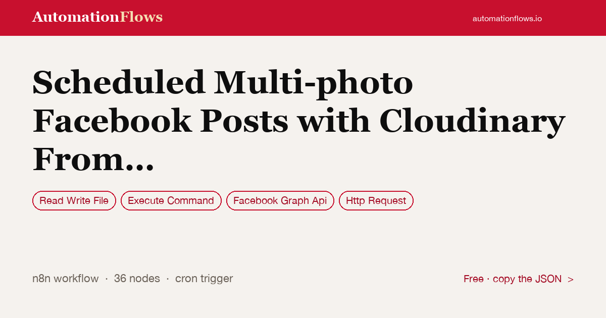 Scheduled Multi-photo Facebook Posts with Cloudinary From Windows Directory — n8n workflow card showing Read Write File, Execute Command, Facebook Graph Api integration