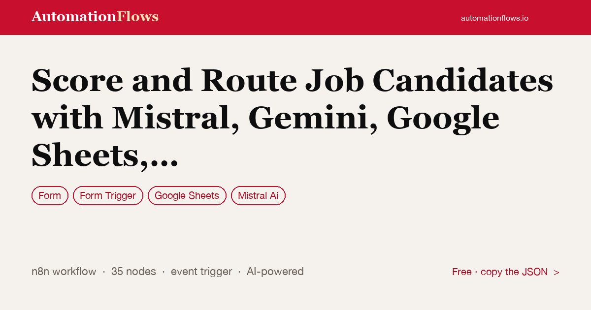 Score and Route Job Candidates with Mistral, Gemini, Google Sheets, and Drive — n8n workflow card showing Form, Form Trigger, Google Sheets integration
