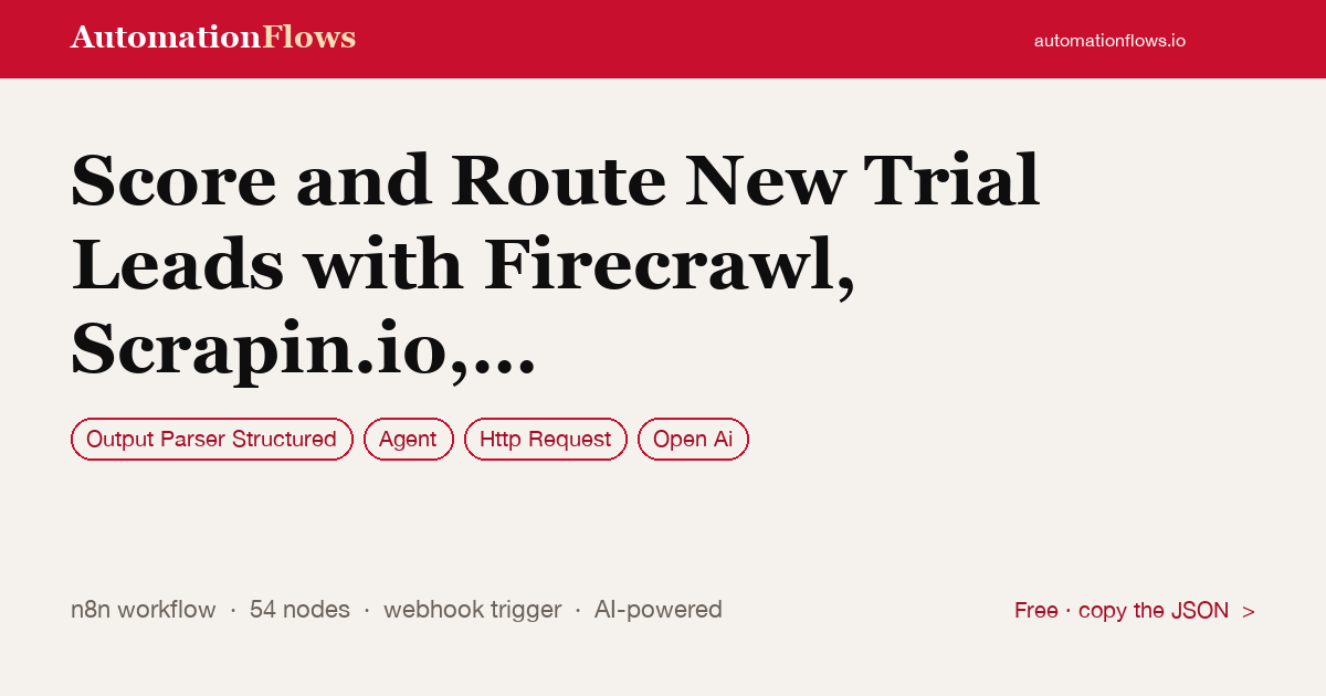 Score and Route New Trial Leads with Firecrawl, Scrapin.io, Openai, Slack… — n8n workflow card showing Output Parser Structured, Agent, HTTP Request integration