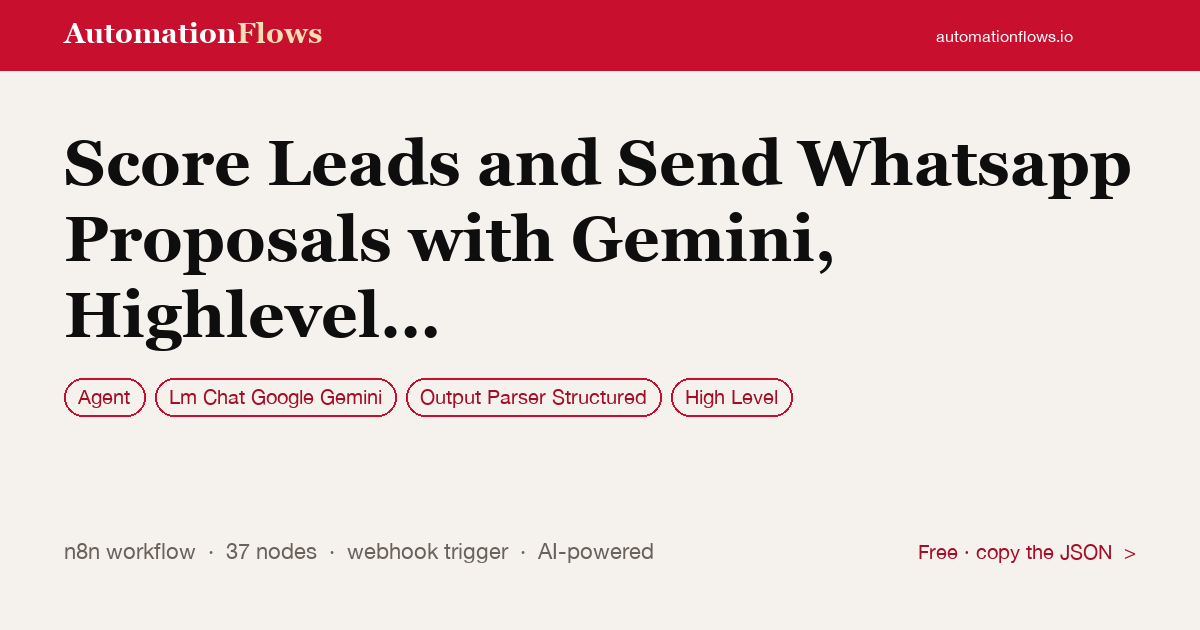 Score Leads and Send Whatsapp Proposals with Gemini, Highlevel and Redis — n8n workflow card showing Agent, Google Gemini Chat, Output Parser Structured integration