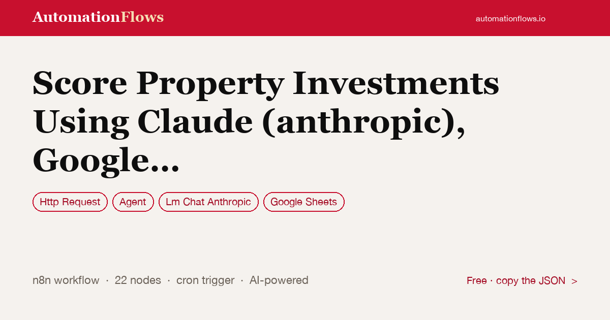 Score Property Investments Using Claude (anthropic), Google Sheets and Slack — n8n workflow card showing HTTP Request, Agent, Anthropic Chat integration