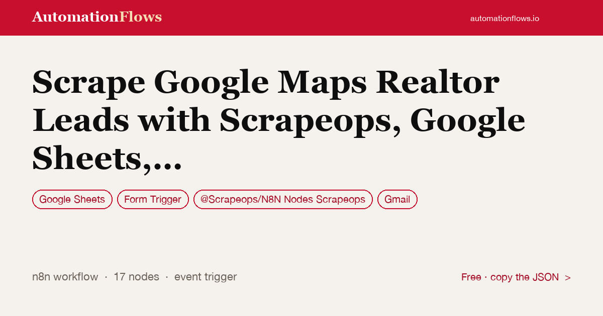Scrape Google Maps Realtor Leads with Scrapeops, Google Sheets, Gmail and Slack — n8n workflow card showing Google Sheets, Form Trigger, @Scrapeops/N8N Nodes Scrapeops integration