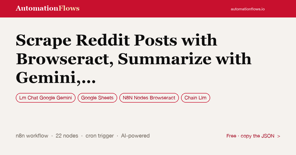 Scrape Reddit Posts with Browseract, Summarize with Gemini, and Save to… — n8n workflow card showing Google Gemini Chat, Google Sheets, N8N Nodes Browseract integration