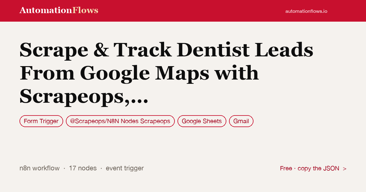 Scrape & Track Dentist Leads From Google Maps with Scrapeops, Sheets &… — n8n workflow card showing Form Trigger, @Scrapeops/N8N Nodes Scrapeops, Google Sheets integration