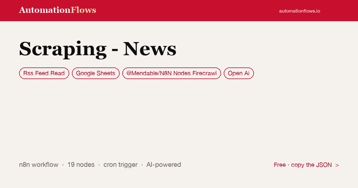 Scraping - News — n8n workflow card showing RSS Feed Read, Google Sheets, @Mendable/N8N Nodes Firecrawl integration