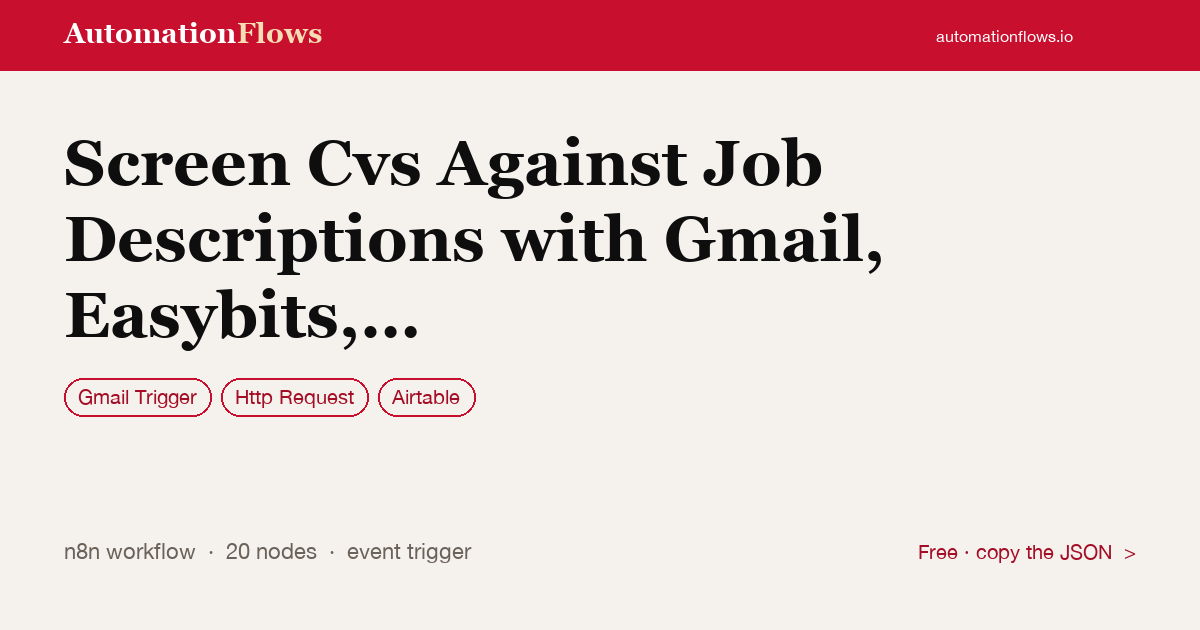 Screen Cvs Against Job Descriptions with Gmail, Easybits, Airtable and Slack — n8n workflow card showing Gmail Trigger, HTTP Request, Airtable integration