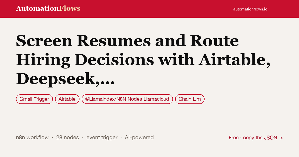 Screen Resumes and Route Hiring Decisions with Airtable, Deepseek, and Gotohuman — n8n workflow card showing Gmail Trigger, Airtable, @Llamaindex/N8N Nodes Llamacloud integration