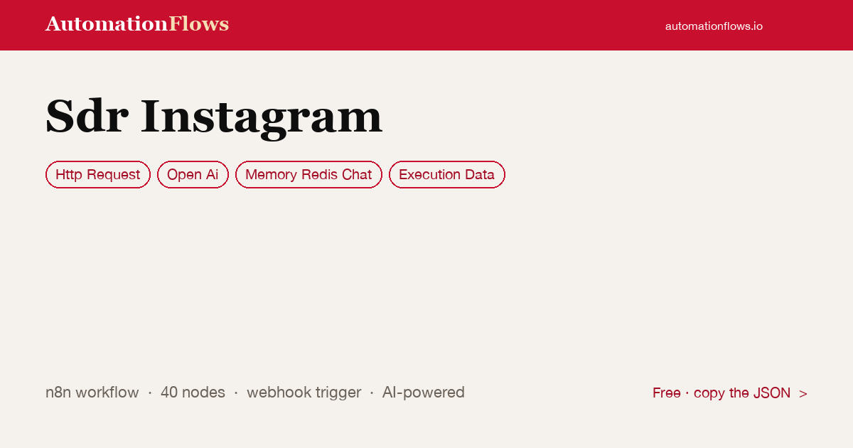 Sdr Instagram — n8n workflow card showing HTTP Request, OpenAI, Memory Redis Chat integration