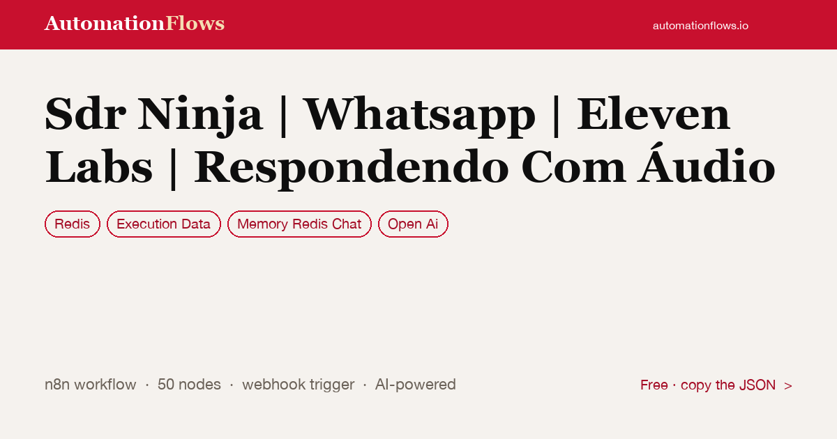 Sdr Ninja | Whatsapp | Eleven Labs | Respondendo Com Áudio — n8n workflow card showing Redis, Execution Data, Memory Redis Chat integration