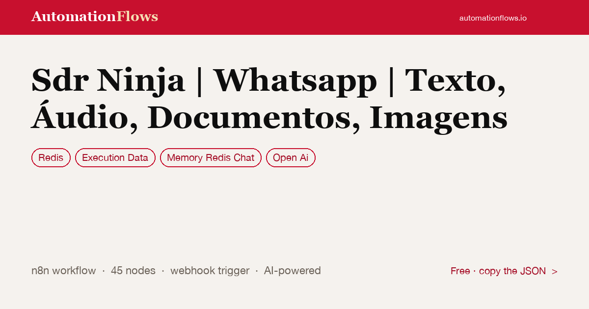 Sdr Ninja | Whatsapp | Texto, Áudio, Documentos, Imagens — n8n workflow card showing Redis, Execution Data, Memory Redis Chat integration