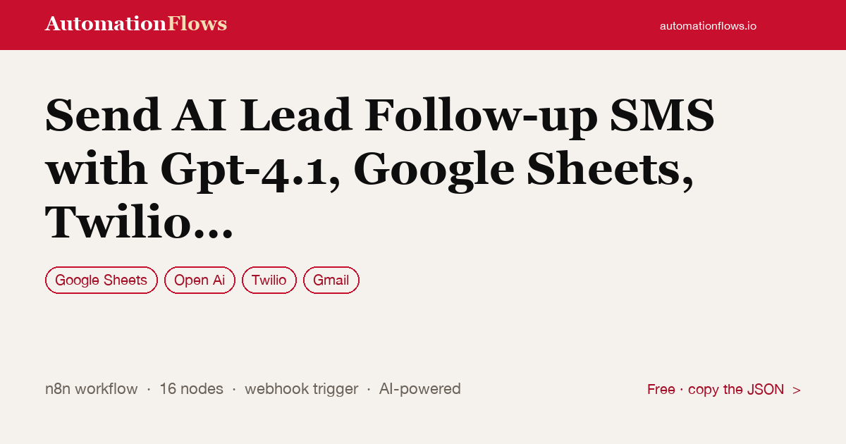 Send AI Lead Follow-up SMS with Gpt-4.1, Google Sheets, Twilio and Gmail — n8n workflow card showing Google Sheets, OpenAI, Twilio integration