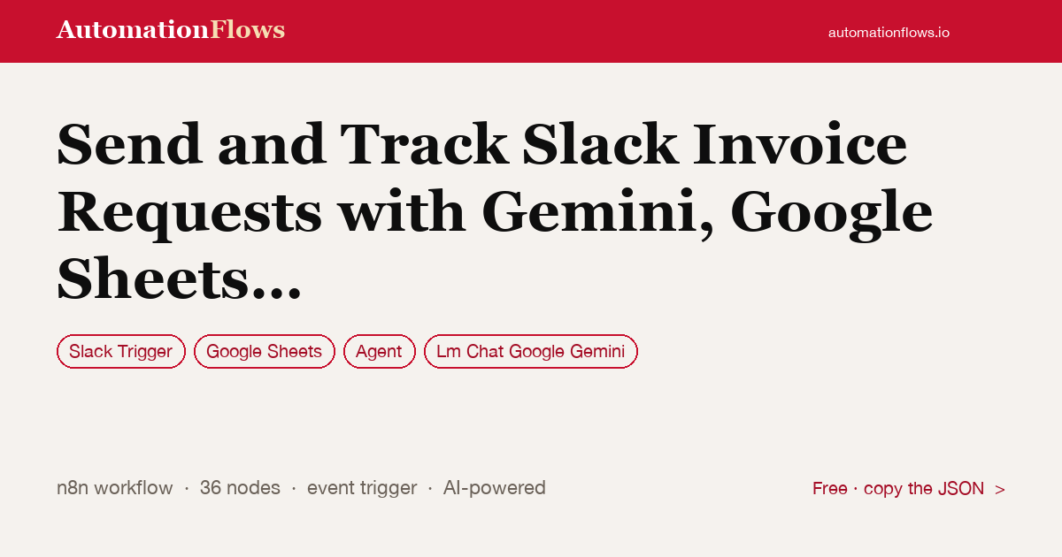 Send and Track Slack Invoice Requests with Gemini, Google Sheets and Gmail — n8n workflow card showing Slack Trigger, Google Sheets, Agent integration