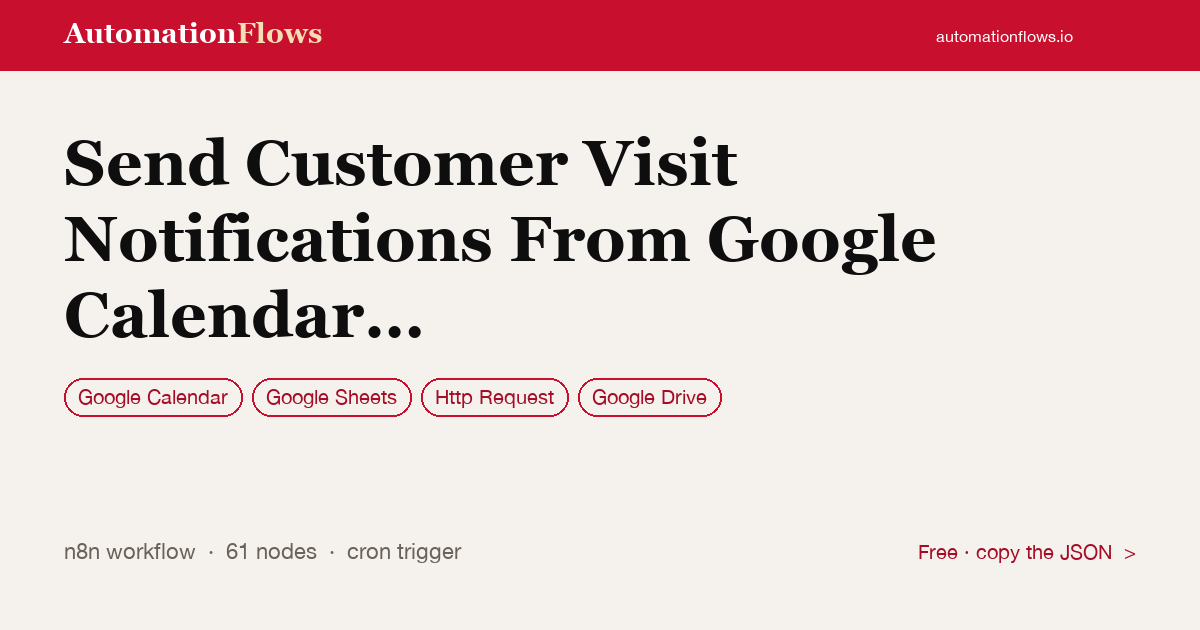 Send Customer Visit Notifications From Google Calendar to Slack and Sheets — n8n workflow card showing Google Calendar, Google Sheets, HTTP Request integration