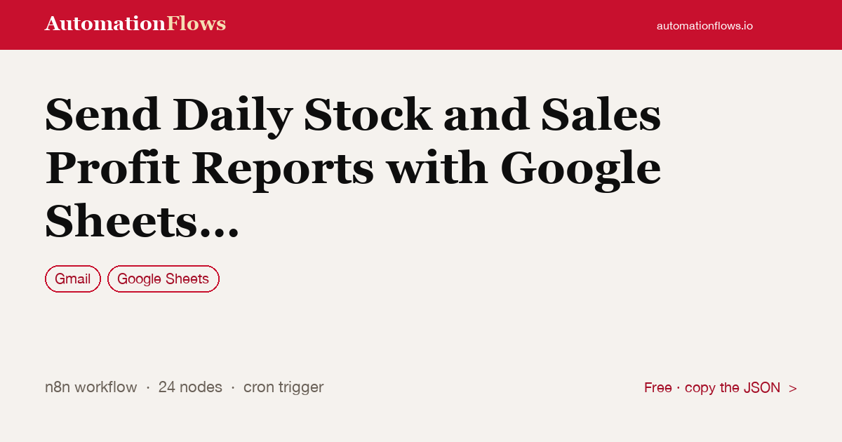 Send Daily Stock and Sales Profit Reports with Google Sheets and Gmail — n8n workflow card showing Gmail, Google Sheets integration