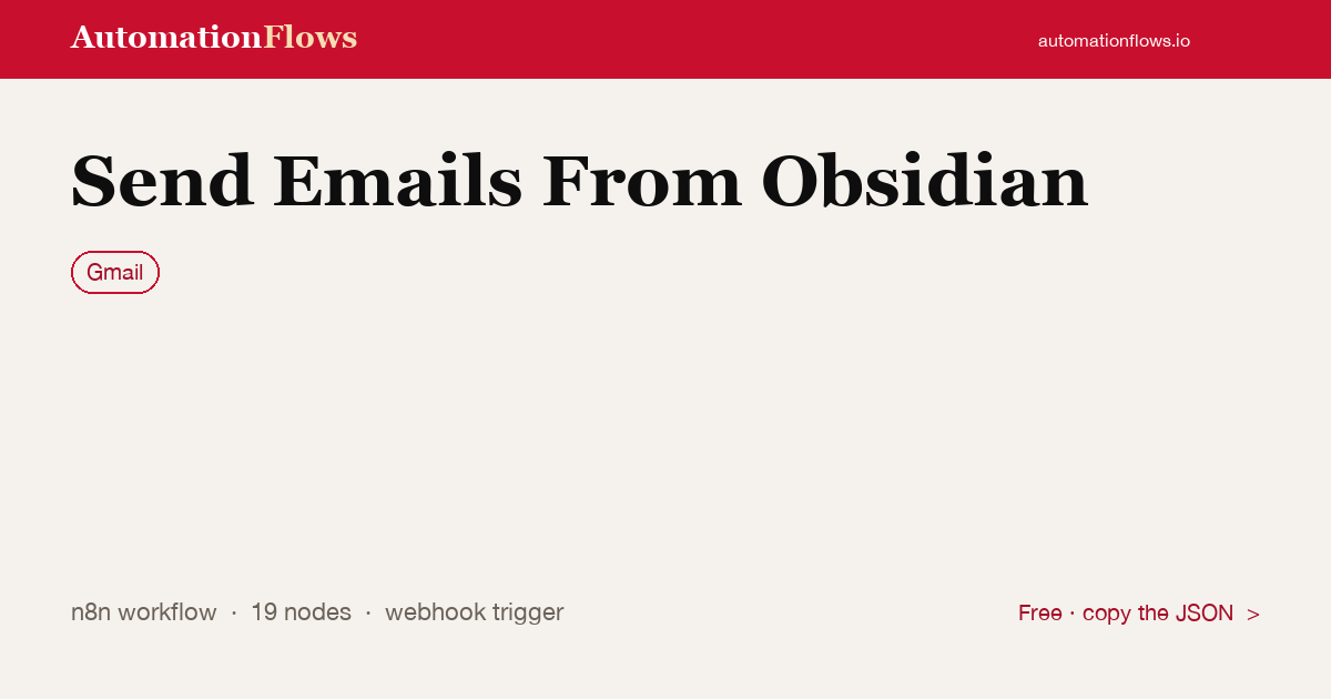 Send Gmail Emails from Obsidian — n8n workflow card showing Gmail integration