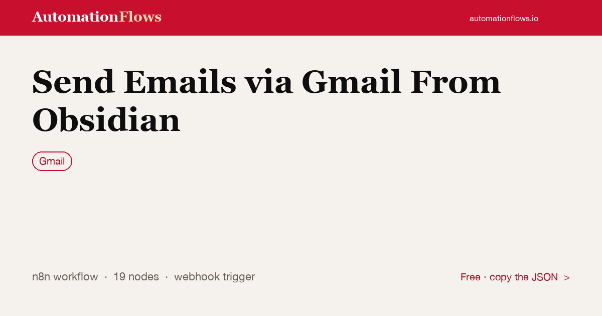 Send Emails via Gmail From Obsidian — n8n workflow card showing Gmail integration